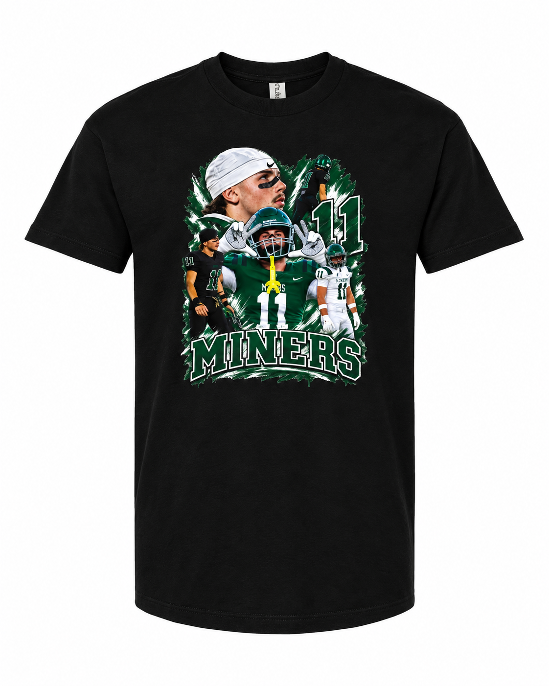 A black short-sleeve crewneck t-shirt featuring a large front graphic of football player Josh Allen in green and white Minnesota Vikings uniforms, with the number 11 and the word 'MINERS' printed below.