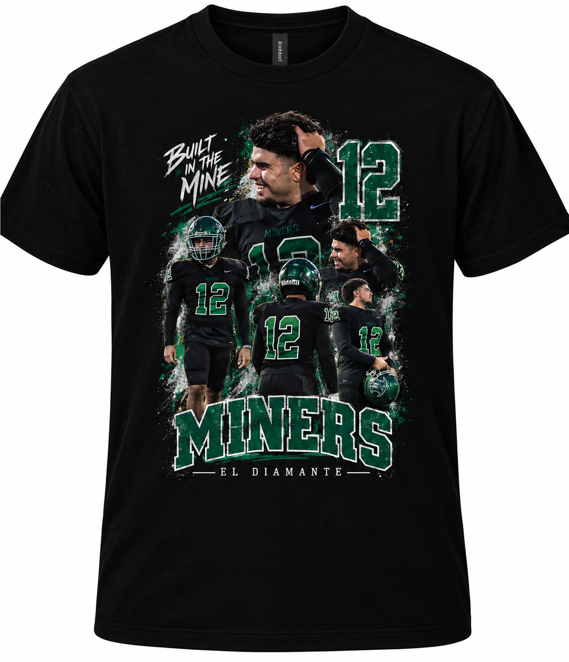 A black short-sleeve graphic t-shirt featuring football player Jalen Hurts in a black and green uniform, with the number 12, the text 'BUILT IN THE MINE', 'MINERS', and 'EL DIAMANTE' printed on the front.
