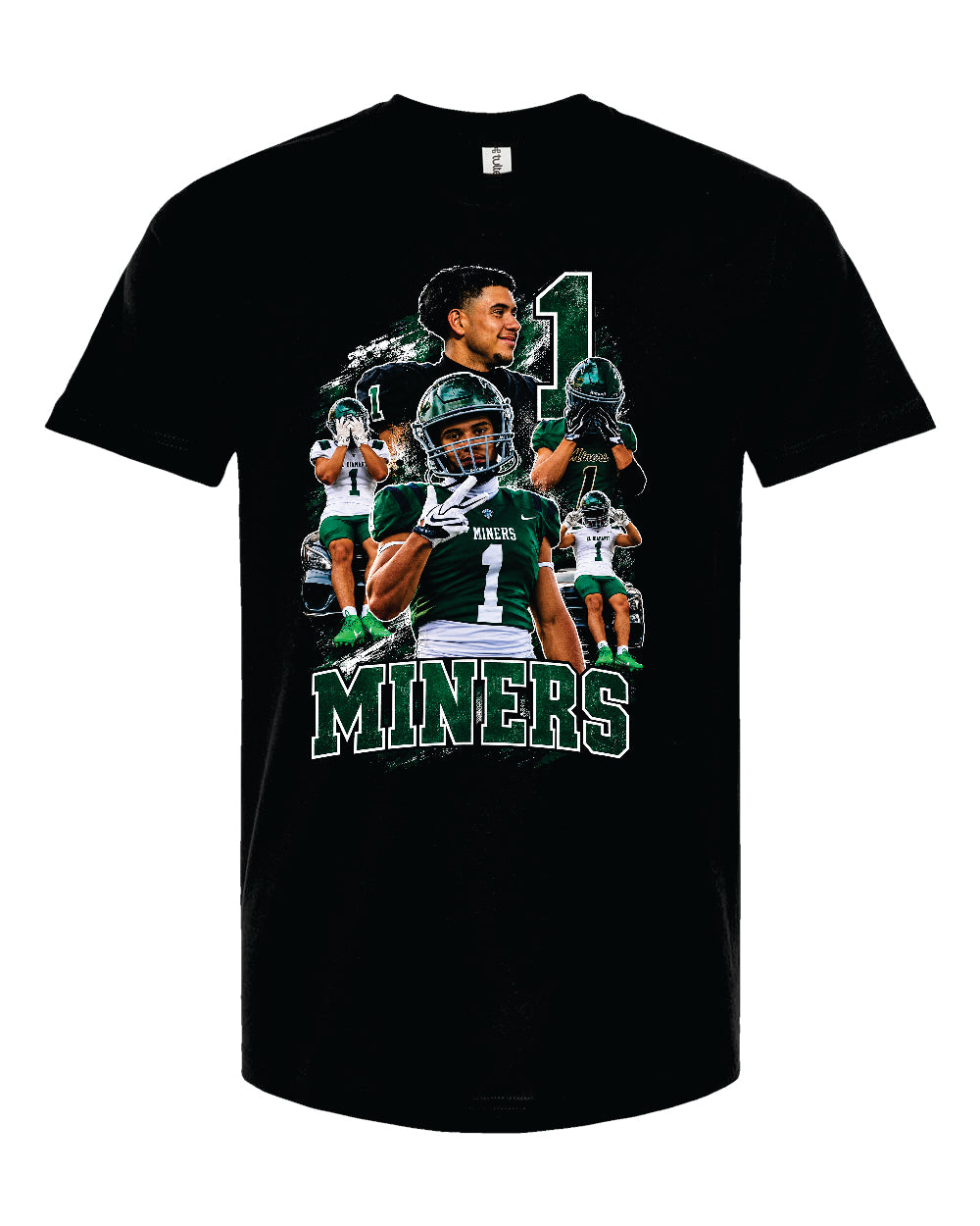 A black short-sleeve graphic t-shirt featuring a collage of football player images with the text '1 MINERS' in green and white, displayed on a solid white background.
