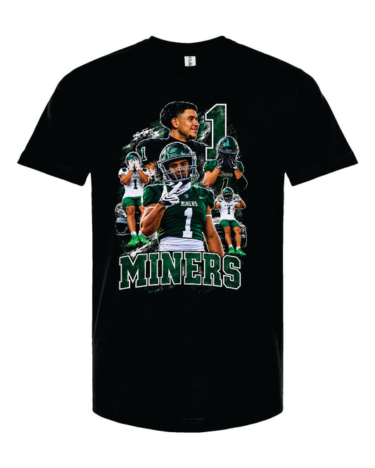 A black short-sleeve graphic t-shirt featuring a collage of football player images with the text '1 MINERS' in green and white, displayed on a solid white background.